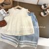 Ropa Coreana para Niñas Conjunto de Verano Nuevo Chaleco Calado Pantalones Escoceses de Pierna Ancha Dos Piezas Camisa de Muñeca Moderna Exportación