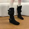 Botas retro de ante de media pantorrilla con aumento interno de altura para mujer, nuevas botas de moda ajustadas sin cordones, punta fina y tacón de bloque, otoño e invierno 2026