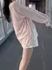 Camiseta de manga larga color rosa dulce estilo coreano, tipo cubierta, para mujer, estilo holgado y casual, adecuada para el verano, top ligero para habitaciones con aire acondicionado