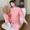 Pijama Feminino de Algodão com Manga Longa e Sutiã Embutido para Primavera e Outono, Estilo Coreano Soltinho Casual para Casa, Pode Ser Usado ao Ar Livre