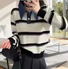 Suéter retrô em blocos de cor listrado com gola virada, estilo ins, para mulheres, novo top de malha denim descontraído outono e inverno com listras horizontais