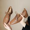 Zapatos de piel de vacuno texturizada súper suaves para mujer, primavera 2025, con tacón medio rugoso, punta redonda, cordones, boca profunda, una sola capa.