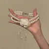 Colar Flor Camélia Francesa Brilhante com Diamantes e Pérolas Corrente de Clavícula Dupla Camada Gargantilha de Luxo