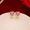 Pendientes Estilo Chino Año Zodiacal Festivo Aguja de Plata, Carácter de Fortuna Rojo Corazón Hueco Despertar del León Pendientes Asimétricos con Electrochapado