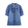 Moda Outono 2025 Camisa Jeans Decorada com Laço 5216249244 Saia Midi Jeans 9863 244