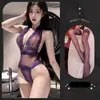 Lencería Sexy Morada Tentación Puro Deseo Malla Hueca Bodysuit Caliente Tul Transparente Apasionado Provocativo Ropa de Dormir Sexy