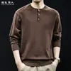 Masculino Outono 2026 Novo Tricô Casual com Gola Henley Suéter de Botão Base de Seda Algodão Lã Top Camada Base