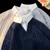 Estilo Coreano Marca de Moda Estilo Holgado Perezoso Suéter Falso de Dos Piezas para Hombre Otoño e Invierno Sensación de Alta Gama Cuello de Tortuga Camisa con Cuello de Suéter
