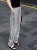 Calça Larga de Linho Cinza Fina Respirável Estilo Old Money Preguiçoso para Mulheres com Cintura Elástica, Comprimento Estendido, Calça Casual de Comprimento no Chão para o Verão