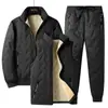 Casaco de pele de cordeiro de inverno gola alta acolchoado com algodão casaco acolchoado com algodão jaqueta acolchoada com algodão forrada de fleece masculino tamanho plus size jaqueta acolchoada com algodão calça acolchoada com algodão colete de três peças