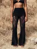 Pantalones de Campana de Cintura Alta Estilo Occidental Y2 Primavera/Verano para Mujer, Transparente Sexy de Encaje Transfronterizo Amazon, Pantalones Largos Casuales de Doble Capa