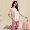 Pijama de Algodón Puro Estilo Simple Han Nago para Mujer, Verano Manga Corta Pantalón Largo, Conjunto Relajado para Estar en Casa que Se Puede Usar Afuera