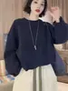Moletom Curto Azul com Barra Ondulada Estilo Coreano para Mulheres Moda Outono 2026 Design Simples Solto Peça Superior de Outerwear