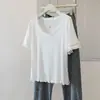 Camiseta Feminina Plus Size de Manga Curta com Gola U Franzida, Corte Justo, Novo Estilo Coreano de Verão, Top Doce e Simples Tendência