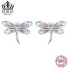 Evelle S925 Sterling Silver Girl Powder Dragonfly Brincos Rosa Óleo Gotando Zircon Exquisite Hollow Brincos SCE1414