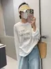 ¡Lleno de detalles! Camiseta de Manga Larga para Mujer con Letras Plateadas, Estilo Delgado de Verano, Corte Relajado, Top de Cuello Redondo H040820