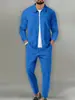 Chaqueta cárdigan de punto gofrado de color liso para primavera y otoño con bolsillo con cremallera y cuello de solapa, ajuste ceñido, traje de dos piezas para hombre con chaqueta y pantalón