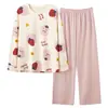 Pijama de Oso de Fresa para Mujer, Traje de Pantalón Largo de Manga Larga de Algodón Imitación para Primavera y Otoño, Estilo Japonés Dulce y Lindo, Ropa de Casa para Estudiantes