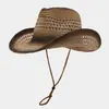 Chapéu de Palha Recortado Cowboy Ocidental Estilo Étnico Europeu e Americano Aba Larga Viagem ao Ar Livre Campo Chapéu Casual Respirável Chapéu de Sol
