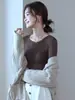 Top base de modal para otoño e invierno, de hombros descubiertos, para mujer, camiseta de manga larga ajustada, top base blanco de estilo simple