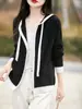 Novo Cardigã Suéter com Capuz 100% Lã Pura Feminino Top Solto Zíper Capuz Cor Contrastante Jaqueta Tricot Lazy