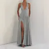 Vestido de noche sexy transfronterizo europeo y americano 2026, vestido largo de tirante plisado liso en la espalda en amarillo y gris