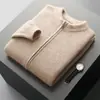 Cardigã masculino espesso de lã pura com gola semimédia, com zíper, tricotado, quente, suéter de novo estilo, casaco base casual solto