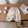 Pantalones tipo linterna de lino de seda helada de verano para niños, holgados y frescos, con estampado floral, anti-mosquitos, estilo fino transpirable, pantalones jogger unisex para bebé