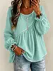 2026 Nuevo Estilo Transfronterizo Estilo Europeo y Americano Ropa para Mujer Color Sólido Cuello Redondo Manga Larga Fruncido Blusa Top Casual Versátil Corte Holgado
