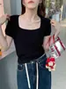 Nuevo top de punto de manga corta, estilo ligero de verano, camiseta de corte regular para mujer, top cuadrado de manga corta, capa base fina, algodón gris