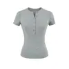 Camiseta de Manga Corta Henley con Cintura Alta Elástica Adelgazante, Versátil de Verano, Ajustada, Color Sólido, Camiseta Básica Deportiva Casual para Mujer
