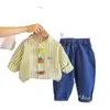 Conjunto Otoñal de Manga Larga Estilo Coreano para Niñas, Conjunto Infantil de Moda con Rayas Verticales y Diseño de Frutas, Conjunto de Dos Piezas para Niños Pequeños