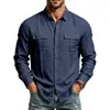 Roupa de trabalho masculina de linho para primavera e outono, com mangas compridas, bolsos duplos, gola de lapela, cardigã abotoado, estilo masculino respirável e casual