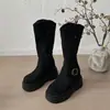 Botas altas para mujer petite con suelas gruesas, diseño interior para aumentar altura, estilo de caña alta, hebilla de cinturón de otoño, botas altas versátiles y adelgazantes