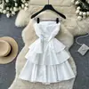 Vestido de bolo strapless com babados, doce e elegante, estilo francês, para mulheres, emagrecedor e valoriza silhuetas petites, acinturado, sem mangas, corte A