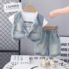 Novo Conjunto de Verão 2025 para Crianças de 1 a 3 Anos Menino Verão Bebê Manga Curta Estilo Coreano Colete Jeans Conjunto de Três Peças