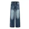 Calça Jeans Branca Stone Washed de Barra Reta para Homem Hip Hop Design Tendência Fechamento com Botão Rebites Desgastado Solta de Perna Larga Longa
