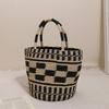 Advanced Sense Bolsa de Palha Balde Xadrez Preto e Branco Nova Bolsa de Palha de Mão Bolsa Tecida Bolsa de Praia para Férias Bolsa Feminina Versátil