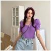 Camiseta de Manga Curta Feminina Verão Design Sense Nicho Doce Cool Curta Tricô Manga Bufante no Ombro Gola Quadrada Top Cintura Alta Estilo bm