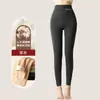 Pantalones de otoño e invierno para mujer, de lana, de seda, de cintura alta, cálidos, ajustados, sin costuras, con forro polar, para el vientre