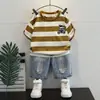 Traje de Manga Corta para Niños, Ropa de Verano para Niños, Camiseta Rayada, Conjunto de Dos Piezas de Verano Moderno para Bebé, Nuevo Estilo de Moda 2024