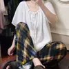 Pantalones de pijama de algodón y seda para casa de verano, longitud de nueve puntos, talla grande, pantalones casuales holgados a cuadros para casa, cómodos 05