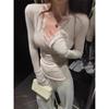 Top Apilable para Mujer Pure Stretch Corte Slim con Costuras de Encaje Cuello en V Moda Otoñal Elegante Camiseta Básica Corte Slim