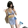 Bikini de Dos Piezas Azul con Estrella de Mar Estilo Deseo Puro Chica Sexy Caliente Conjunto de Tres Piezas para Aguas Termales Verano