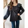 Camisa feminina redonda com babados estilo francês, que reduz a idade e emagrece, ombro a ombro