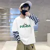 Camada de Base Infantil Masculina Estampa de Desenho Animado Algodão Puro Fina Camiseta Estilo Coreano Listrada Elegante Gola Redonda Manga Longa