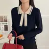 Suéter de Tricô Feminino com Gola Laço e Mangas Longas 2026 Outono/Inverno Novo Solto Jovem Estilo College Suéter Base