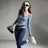 Conjunto Deportivo de Bloques de Color con Cuello Cuadrado para Mujer Top de Yoga de Manga Larga Pantalones de Yoga de Cintura Alta con Parches Transpirables de Secado Rápido Ropa de Fitness