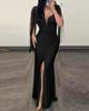 Moda Transfronteriza Europea y Americana Bolso de Cadera con Cuentas Vestido Sexy Cuello Redondo Manga con Borlas Abertura Vestido de Noche Plisado