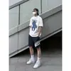 Shorts de Verão com Patchwork Boca de Tubarão para Homens e Mulheres, Estilo Americano Tendência Soltos Casuais Comprimento até o Joelho, Novo Modelo